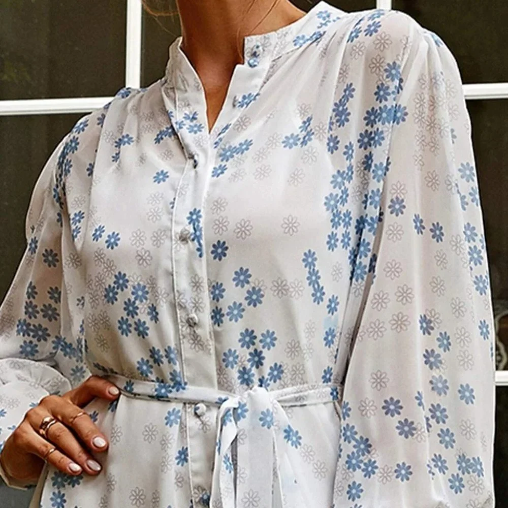 White Preppy Womens Floral Print Ruffle Hem Shirt Dress - Picture 4 of 5